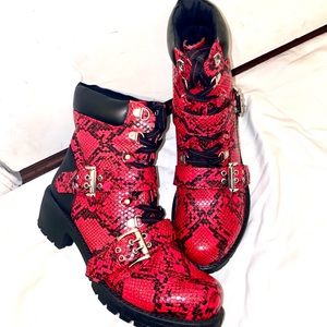 Red snake ankle boots